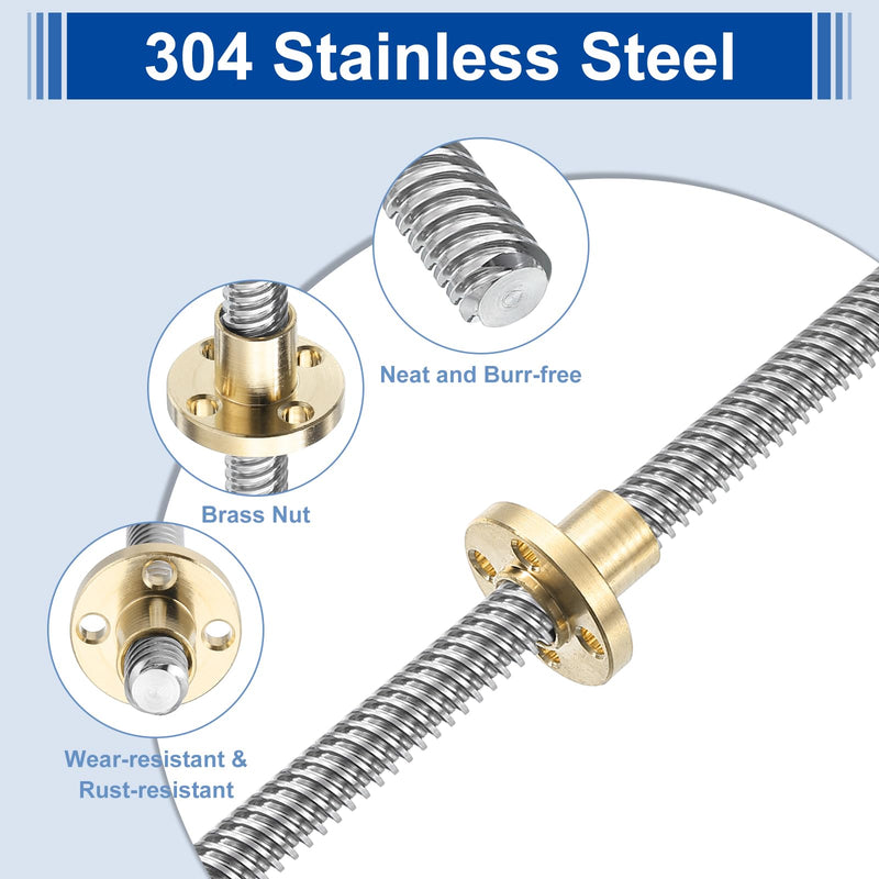 uxcell 1Pcs 350mm Tr8x8 Lead Screw with Brass Nut (Acme Thread, 2mm Pitch, 4 Starts, 8mm Lead), Stainless Steel 304 Screw Bar Printer Upgrade Parts with Plastic Packaging Tube, Silver