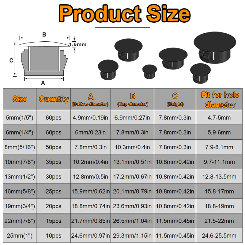 smseace 305Pcs Plastic Plugs 9-Sizes Plastic Hole Plug for Round Holes 1Inch 7/8Inch 3/4Inch 5/8Inch 1/2Inch 3/8Inch 5/16Inch 1/4Inch 1/5Inch Nylon Hole Plugs for Furniture,Cabinet,Kitchen Black