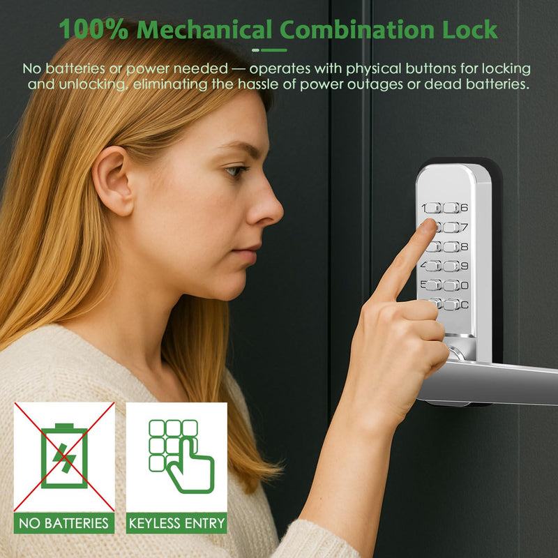 High-Security 12 Digit Keypad Mechanical Door Lock - Keyless Entry, Mechanical Code Lock with Handle, Waterproof & Rustproof, No Battery, Easy to Install, Silver, BH-MDLS0030102 Satin Chrome