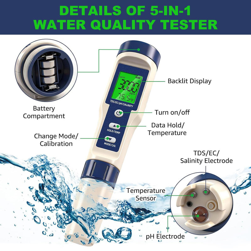 Pool Salt Tester & PH Meter - 5-in-1 Digital TDS Meter for Salinity PH Temp and EC, 0.01 High Accuracy, Swimming Pool, Hydroponics, Aquarium, Hot Tub, PPM Meter for Pool, Drinking Water, Wine