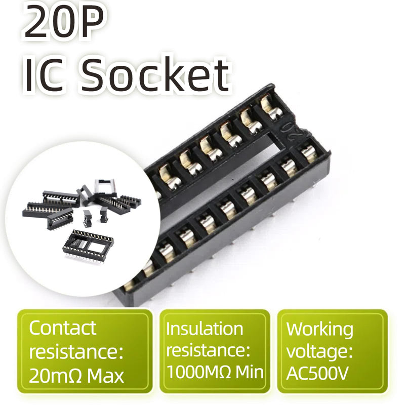 10Pcs 20P IC Socket DIP Integrated Circuit IC Sockets Adaptor Solder Type 2.54mm Pitch Dual Row 20 Flat Pin