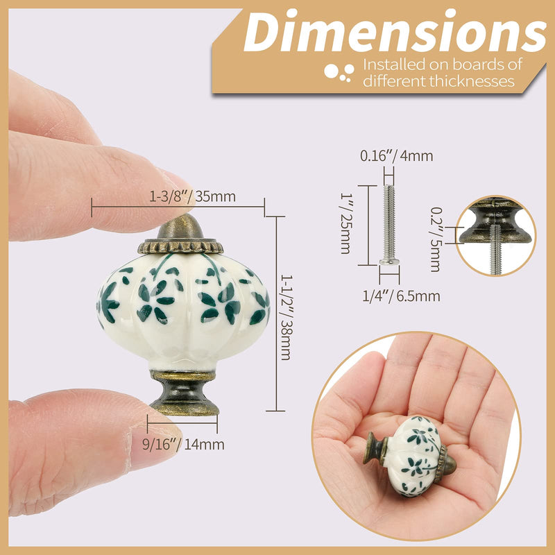 Ivory & Green Ceramic Knobs 12 Pack - Pumpkin Cabinet Knobs Retro Dresser Knobs - Vintage Drawer Pulls with Screws for Closet Drawer Cupboard Cabinet and DIY Home Project Green Flower