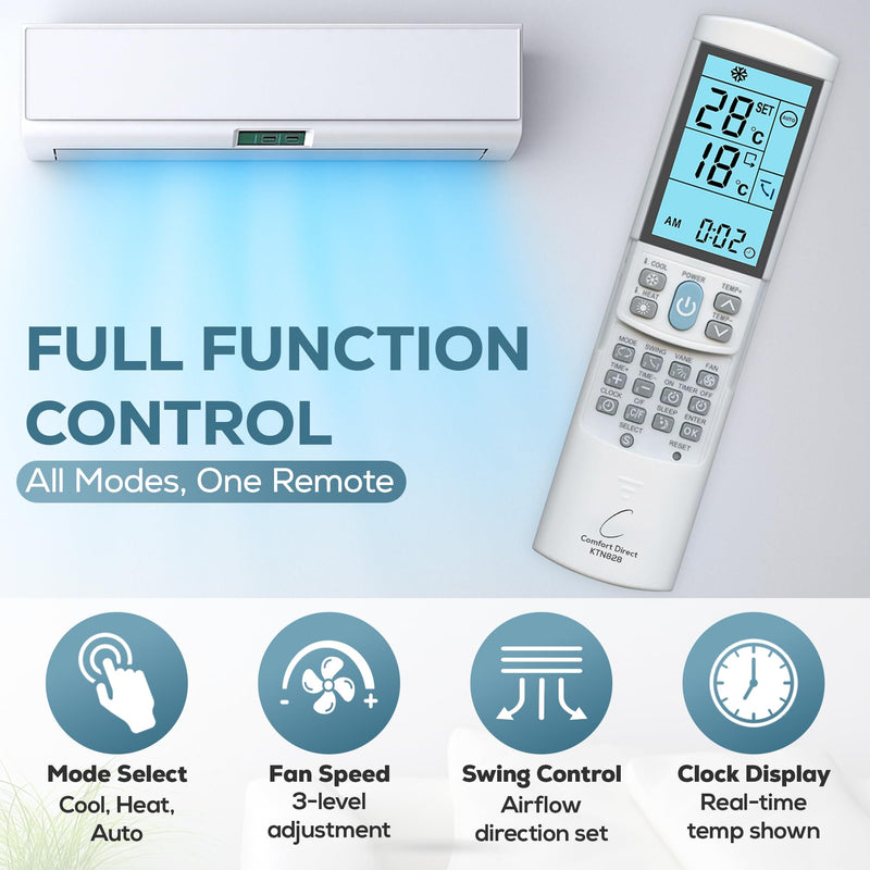KTN828 Universal Mini-Split Air Condition Remote Control Dual °F/°C Modes - Works with Samsung, Lennox, Kenmore, Mitsubishi, Frigidaire, Hitachi, LG, Sharp, Panasonic, Toshiba, & More