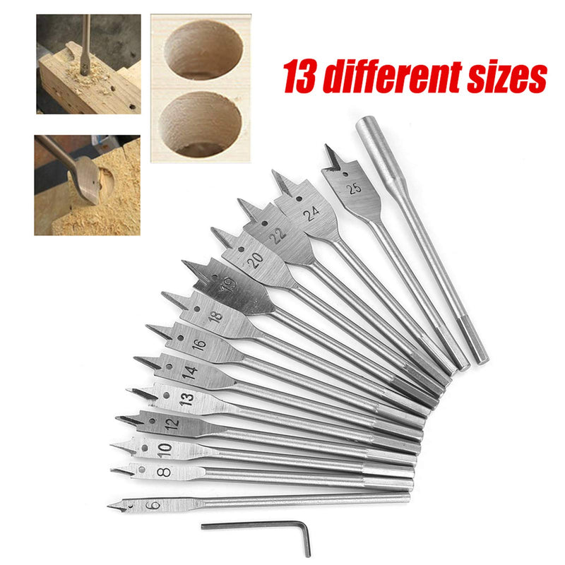 15pcs Flat Wood Drill Bits, Carbon Steel Hex Shank Spade Flat Wood Drill Bit Set 6‑25mm for Wood Drilling Power Tools