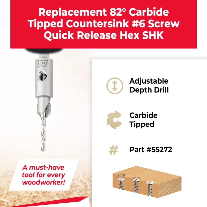 Amana Tool Carbide Tipped 82 Degree Countersink Drill Bit, 55272, 3/8 Dia x 1/8 Drill D x 1/4 Inch Quick Release Hex Shank for Tool 55227