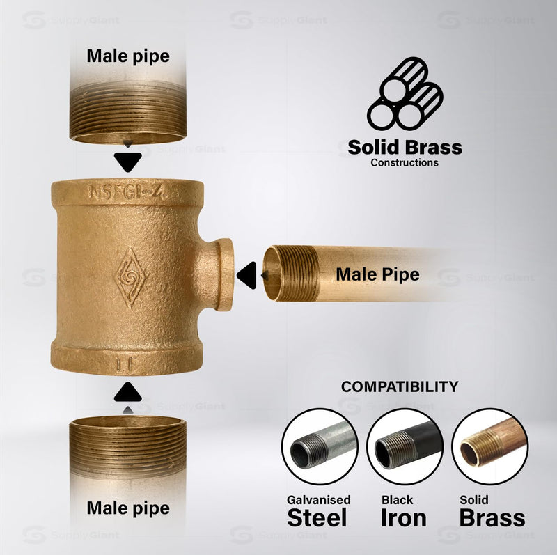 Supply Giant CSSU2006 2 in. x 1-1/2 in Reducing Tee Two Size with Female Threaded Connections Ends, Brass Construction, Higher Corrosion Resistance Economical & Easy to Install, 10