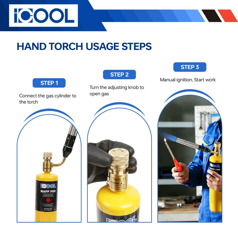 ICOOL Triple Flame Hand Torch, Maximum Temperature 3600℉, Propane MAPP Gas Torch for Welding Brazing Plumbing HVAC