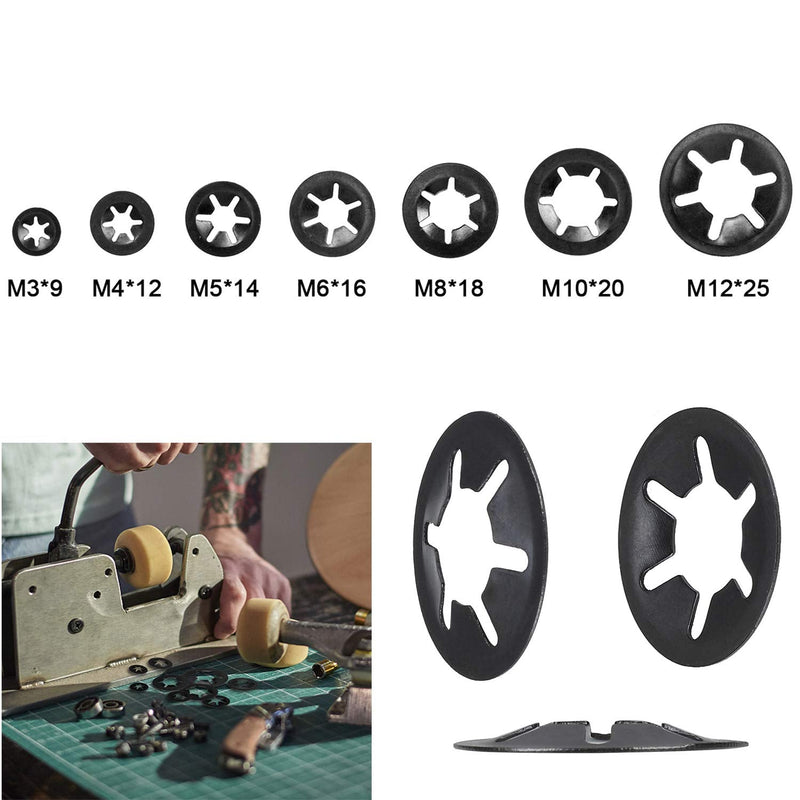 7 Sizes 320PCS Internal Tooth Starlock Washers,Quick Speed Locking Washers, Push On Retainers Clips,Push On Nut Fasteners Assortment Kit for Shaft and Stud,65Mn Spring Steel,Black Oxide Finish