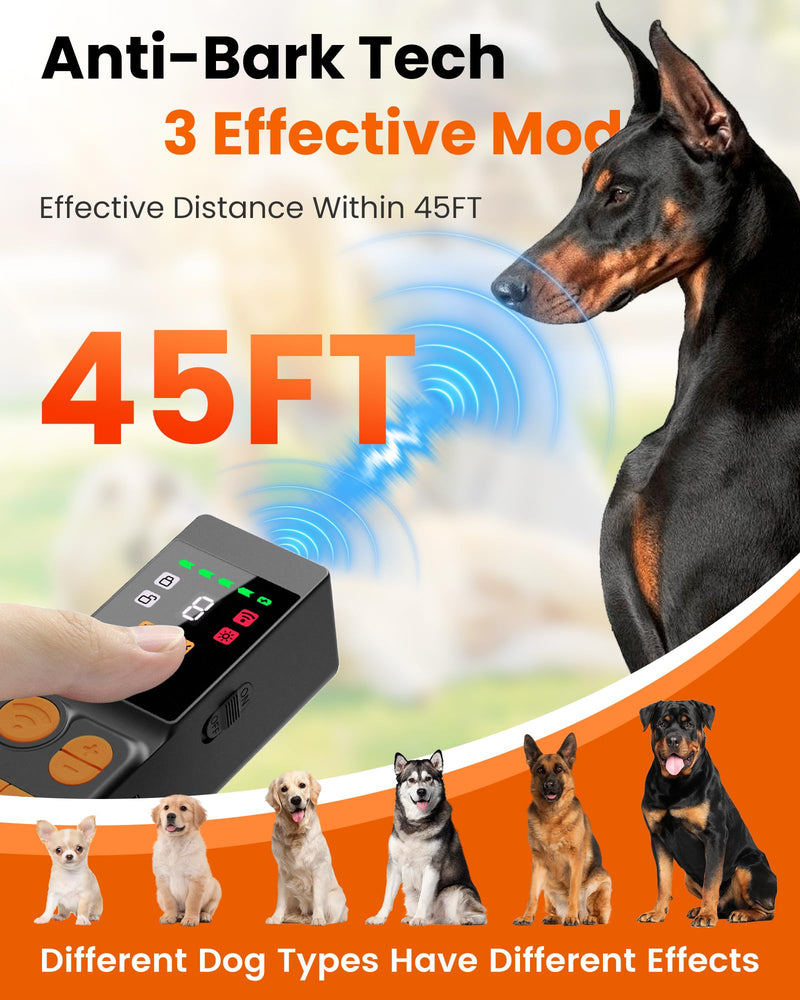 4X Ultrasonic Dog Bark Deterrent Devices, Anti Barking Device for Dogs with 10 Modes, 45FT Range, Rechargeable & Safe Bark Control for Indoor/Outdoor Use (Black+Orange) Black+Orange