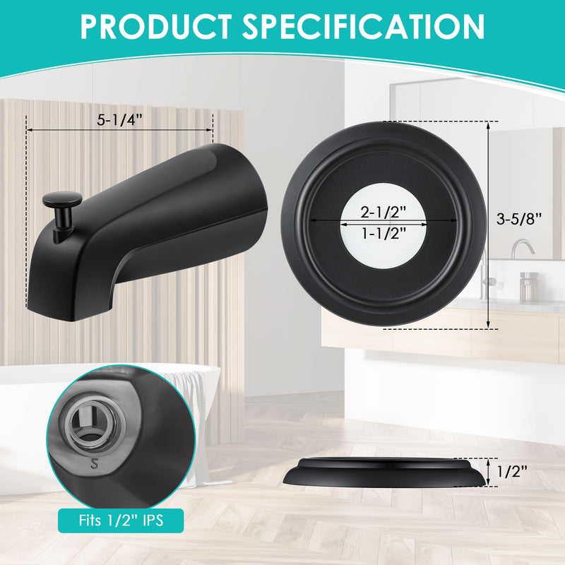 Enhon Universal Bathroom Tub Spout with Metal Tub Spout Cover Ring, 5 1/4 Inches Reach Wall Front Mount Tub Spout with Shower Diverter 1/2'' IPS Inside Thread Bathtub Faucet Spout (Matte Black) Matte Black