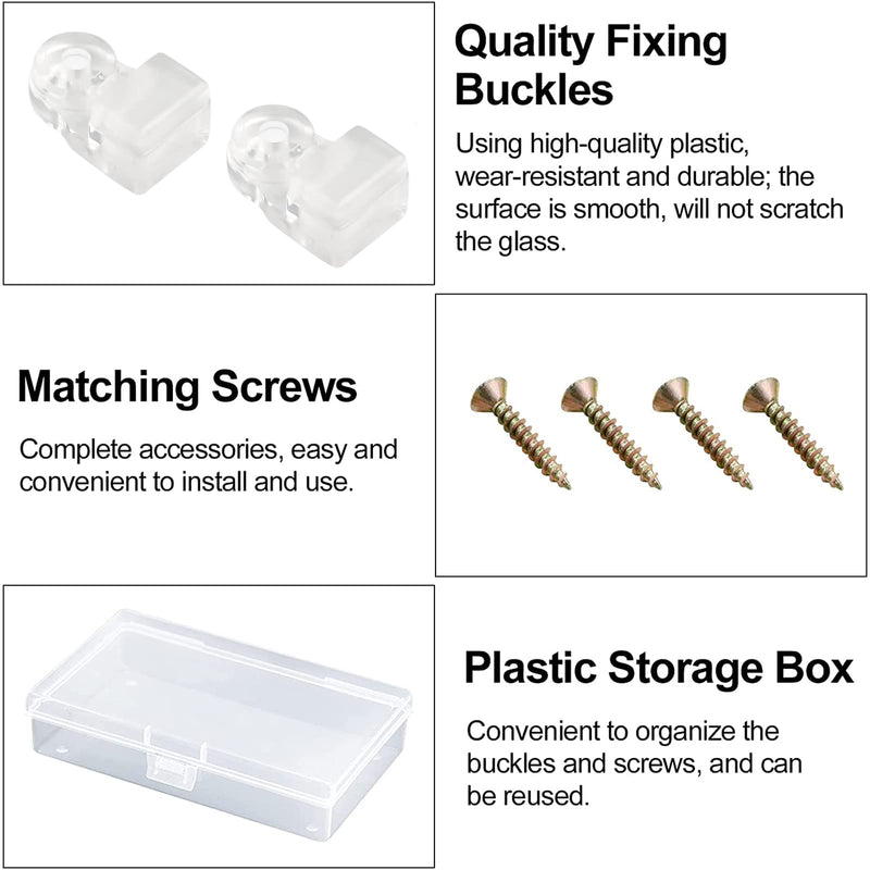 Glass Panel Clip, 24 Pack Round Glass Retainer Clips Kit Plastic Glass Cabinet Clamps Clear Mirror Clips Window Dressing Hardware Replacement with Screws & Storage Box for 3-4mm Thick Glass 24pcs
