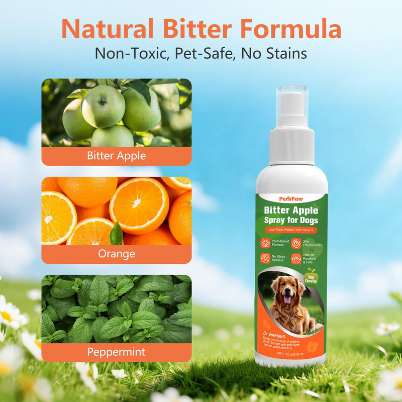 Bitter Apple Spray for Dogs, NO Chew Spray for Dogs to Protect the Furniture and Plant, Natrual Dog Deterrent Spray to Stop Dogs & Puppies from Chewing, Biting, Licking, Peeing, 150 ml/5.28oz