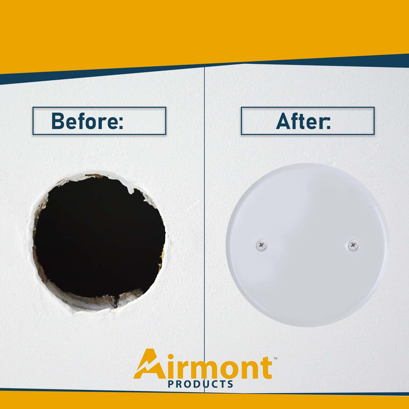 AP-12031, 5 Inch White Metal Ceiling Blank-Up Cover, Used to Cover 3-1/2 Inch Round/Octagon Box Openings In Ceilings or Walls, Mounting Screws Included, Holes Are Spaced 2.75 Inches 1 5-Inch, For 3-1/2 Inch Electrical Box