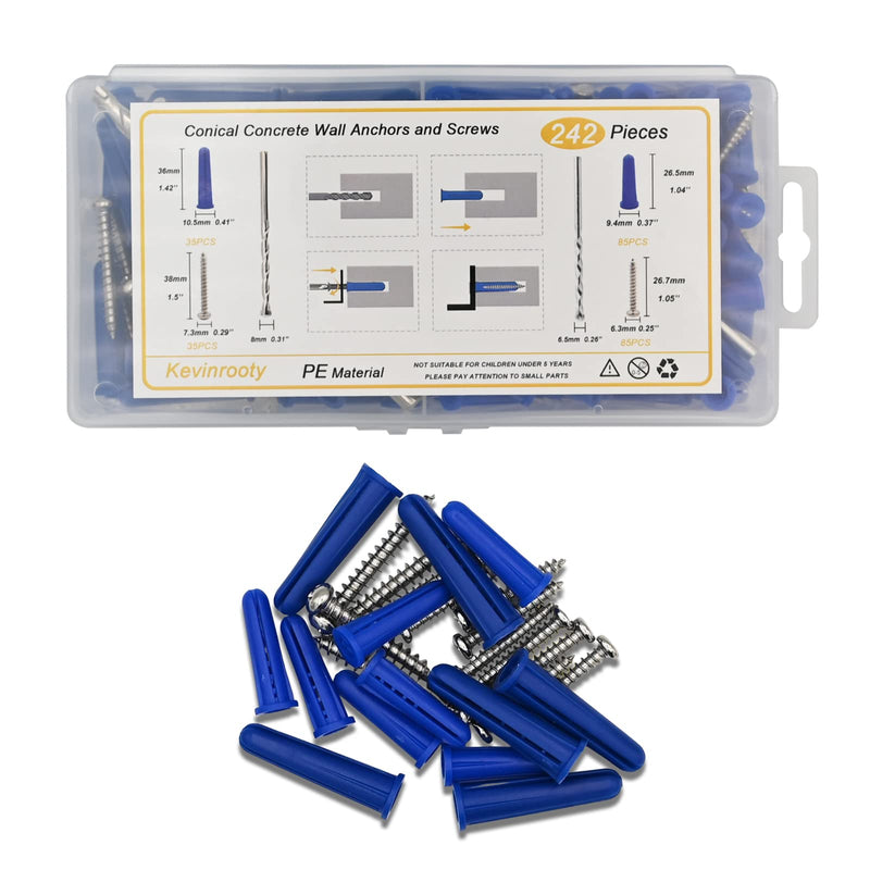 Conical Concrete Wall Anchors and Screws Kit,240 Pcs Wall Anchors and Self Tapping Screw with 2 Pcs Masonry Drill Bits,for Stucco Concrete Masonry Brick Wall.