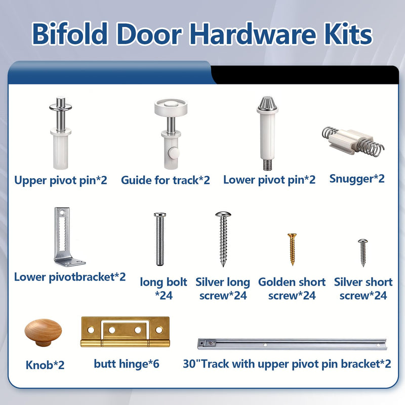 Bifold Door Hardware Kit 30in for Closet | Folding丨Steel track | Pivots & wheels | 200lb capacity | Easy DIY repair/replacement 30" Track-1 V Fold