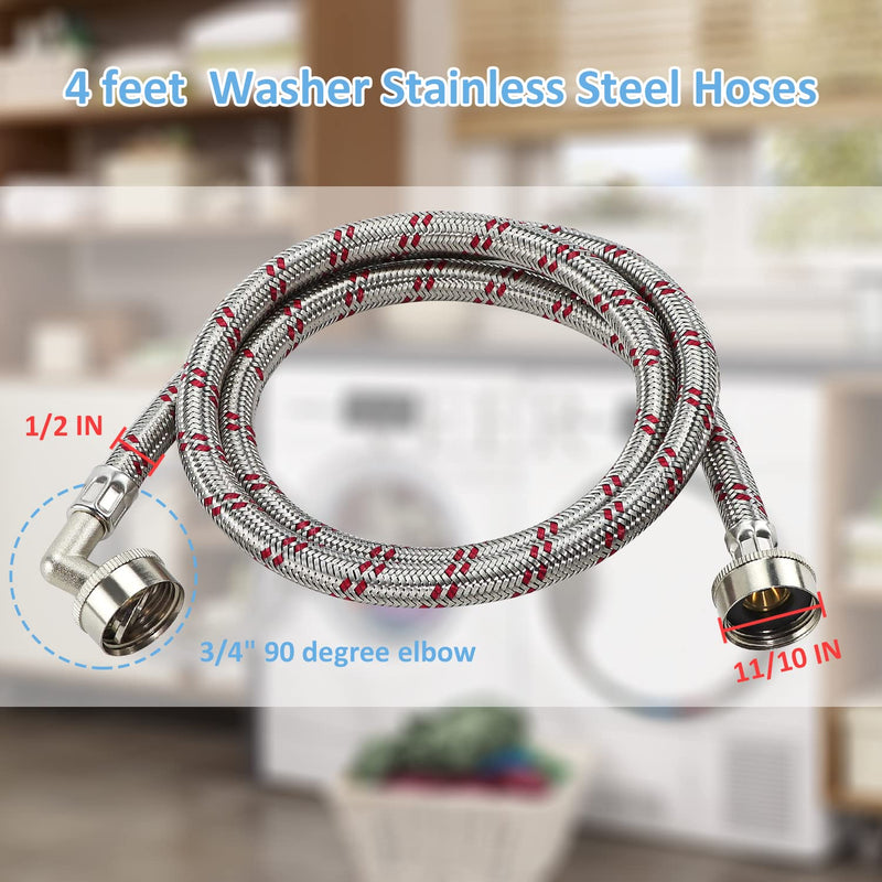 Cenipar Washing Machine Hoses 4feet with 90 Degree Elbow Premium Stainless Steel Burst Proof (cost-effective 2 pack) Red and Blue Striped Water Connection Inlet Supply Lines 90 Degree Elbow Hoses 4 Feet