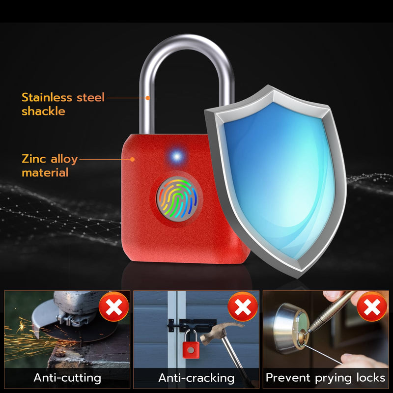 Pothunder Fingerprint Padlock, Smart Metal Keyless Fingerprint Lock, Waterproof, USB Rechargeable, for Gym, School, Luggage, Backpack, Suitcase, Red