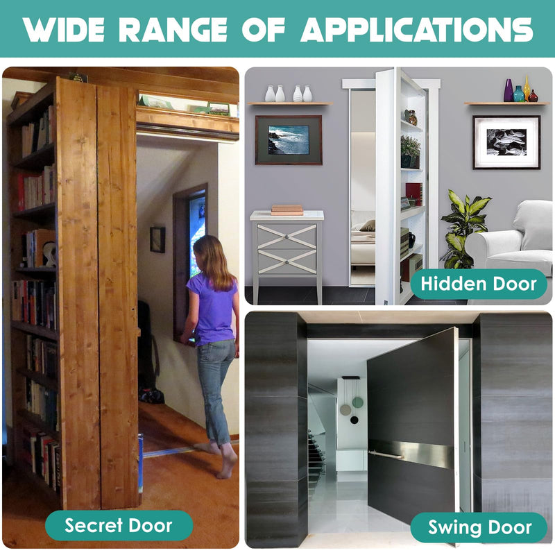 Door Pivot Hinges Heavy Duty, 360 Hidden Hinge Kit for Murphy Bookshelf | Fits wooden bookshelves and concealed cabinets, medium size, advanced lock style, secret door hardware