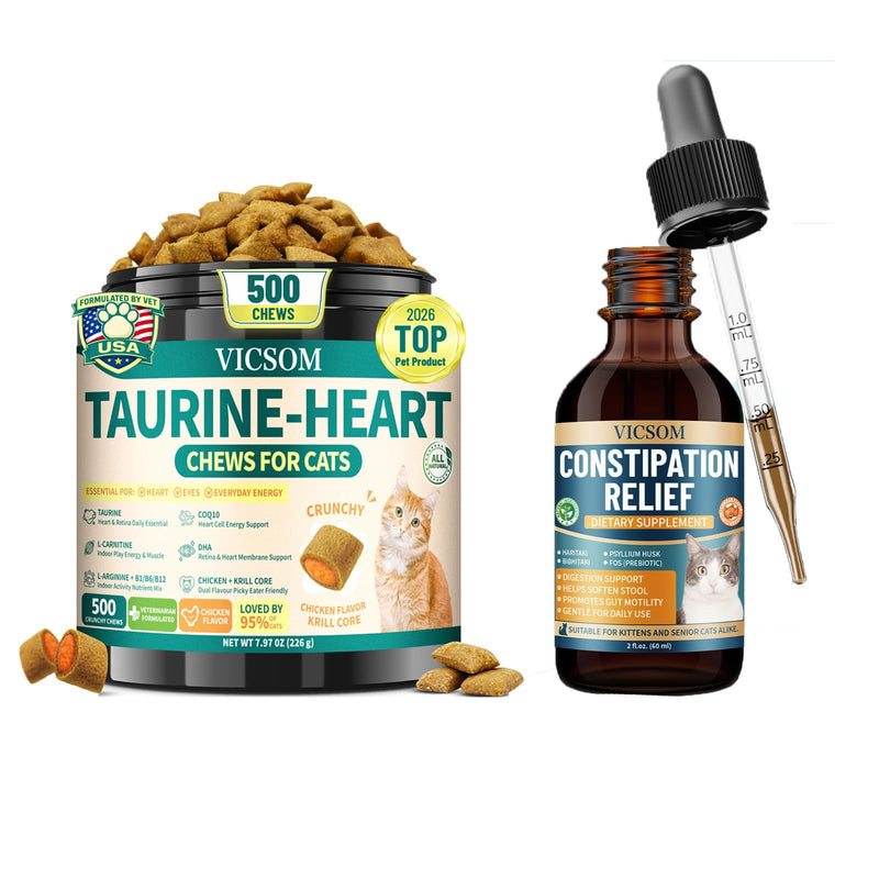 Taurine for Cats with CoQ10 + Cat Digestive Regularity Drops Bundle, 500 Crunchy Chews & 60 ml Chicken Flavor Drops, Heart, Vision, Energy, Stool Comfort & Daily Digestive Support for Cats