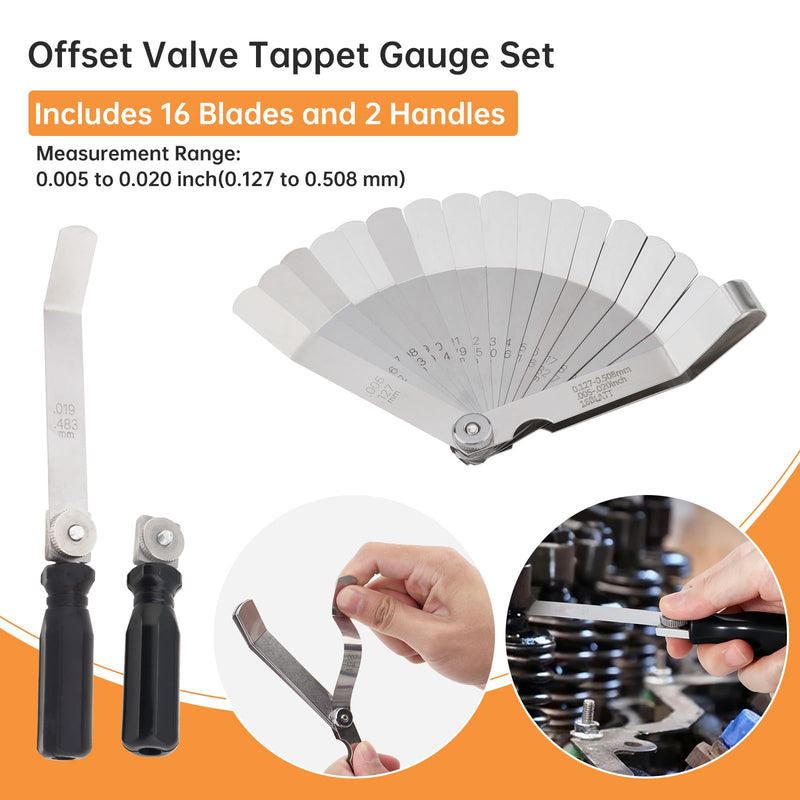 Offset Valve Tappet Gauge Set, 16-Blades Feeler Gauge with Two Handles (0.005" - 0.020 inch/0.127mm - 0.508 mm Dual Size) & Screwdriver