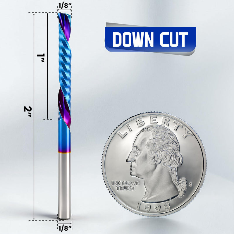 HQMaster 10pcs Down Cut O Flute CNC Router Bits, 1/8 Inch Shank Single Flute End Mill, Nano Blue Coated CNC Bit for Wood, MDF, PVC, Acrylic, Aluminum, Plasitc (1/8“ x 1/8" x 1" x 2") 1/8“ x 1/8" x 1" x 2"