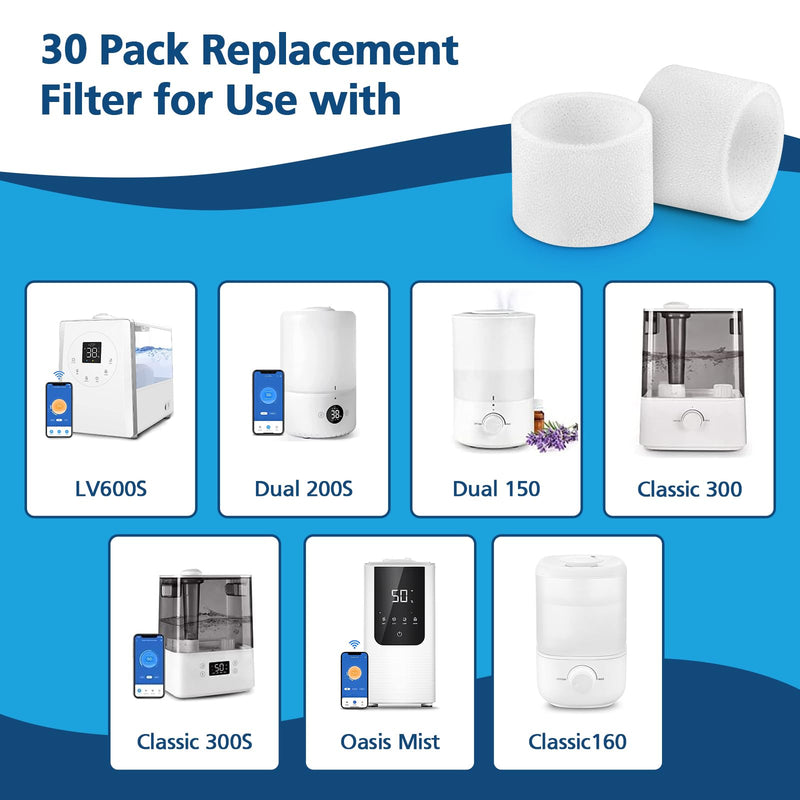 30-Pack Top Fill Humidifier Replacement Filters for LEVOIT Classic160, Dual150, Dual200S, Classic300(S), LV600S, OasisMist450S, Superior 6000S Humidifiers 30 Pack Sponge Filters