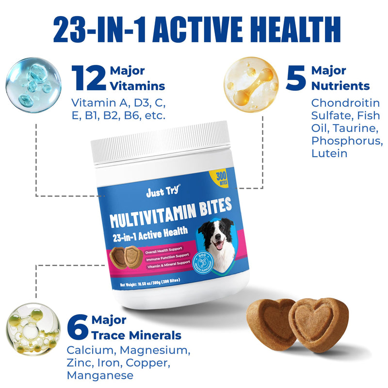 Just Try Taurine for Dog Bites 23-in-1 Multivitamin Chondroitin Sulfate for Joint Health, Omega-3 Skin Support Dog Vitamins Supplements-10.58oz