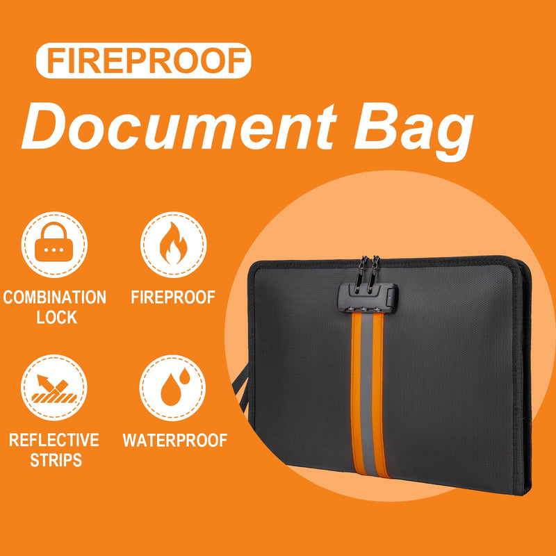 Fireproof Document Bag with Lock，13"×9.2" Fireproof Money Bag，with Zipper and Lock，Suitable for Tablets, A4 Documents, Cash, Mobile Phones, Credit Cards and Notarized Documents. Black 13*1*9 inches