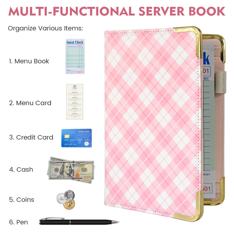Server Book for Waitress Organizer Wallet for Women Cute, Receipt Holder Presenter 5 Pockets Waiter Accessories (Pink Plaid)