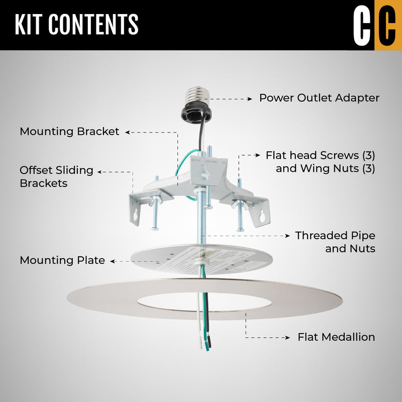 R56, Recessed Can Light Conversion Kit, for Ceiling Light Fixture, Pendant Light, Hanging Light, Ceiling Fan, with 7’¾ Inch Flat, Steel, Ceiling Medallion, White