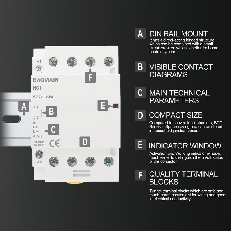 Baomain 110V AC 4-Pole Modular Contactor, 50A 4NO Normally Open, DIN Rail Mount for HVAC, Motor, Pump & Lighting Control BCT-50/40, HC1-50/40-110VAC 110 VAC