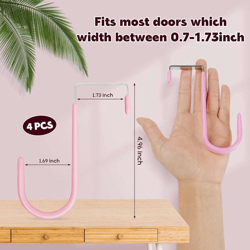 4 Pack Over The Door Hooks, 4.96Inch Hooks for Hanging Heavy Duty Door Hanger, Towel Hanger Hook Holders, Over Door Hangers Hooks Door Hanger Hooks for Hanging Clothes, Towels, Hats,Coats,Bags (Pink) Pink 4.96 inch