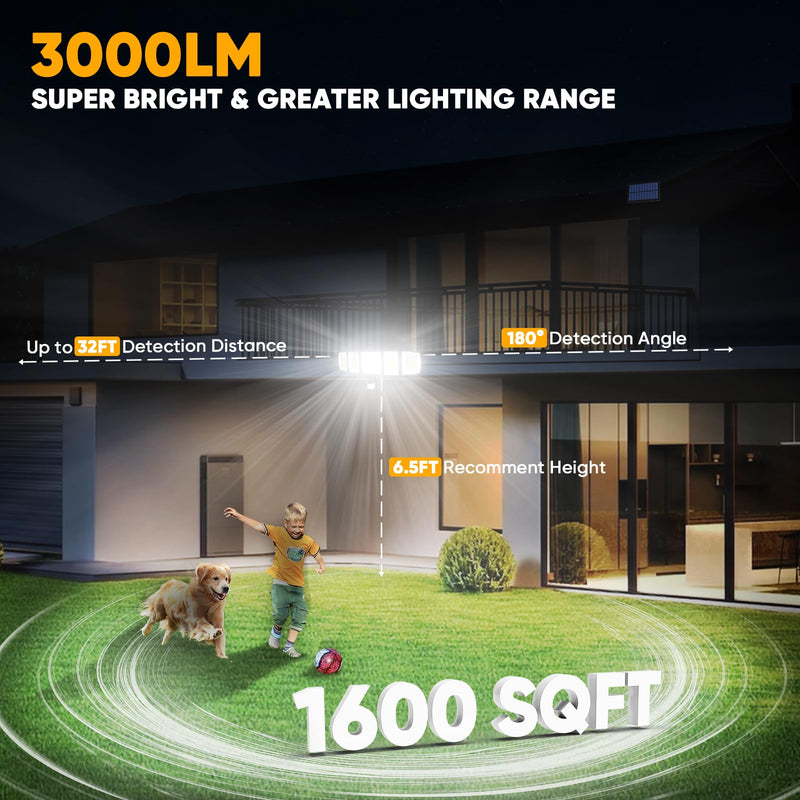 Solar Motion Lights Outdoor - With 16.4ft Cable, 3000LM Ultra-Bright LED Security Lights for Outside Dusk to Dawn, 2400mAh IP65 Waterproof Flood Lights with Remote for Court Yard Garage Front Door 2 Classic