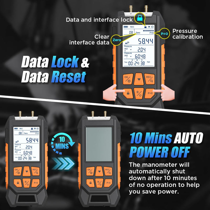 Manometer HVAC Gas Pressure Tester Dual Port Digital Manometer -14.65~29psi Differential Pressure Gauge with 10 Units, 7 Adapters, 29 Sets Data Storage&Hold, 2.8-in Backlit Display Air Pressure Meter Pro