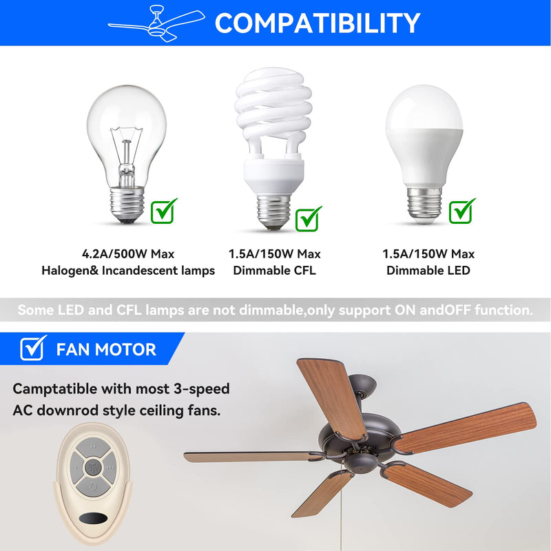 35T1 Ceiling Fan Remote Control Replacement for Harbor Breeze Allen Roth, 303.9MHz, 3-Speed, Light Dimmer, Learn Key, Replace FAN-11T FAN-53T FAN-HD L3HFAN35T FAN-35T L3HFAN35T1 FAN-35T1 (Remote Only) 35T Remote