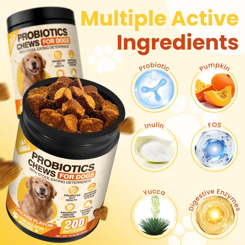 200 Count Probiotic Chew for Dogs-Probiotics Chews for Gut Digestive Health & Itchy Skin Support Relieve Diarrhea Enhance Immunity Breath Freshener with Enzymes Prebiotic Pumpkin-Chicken Chicken