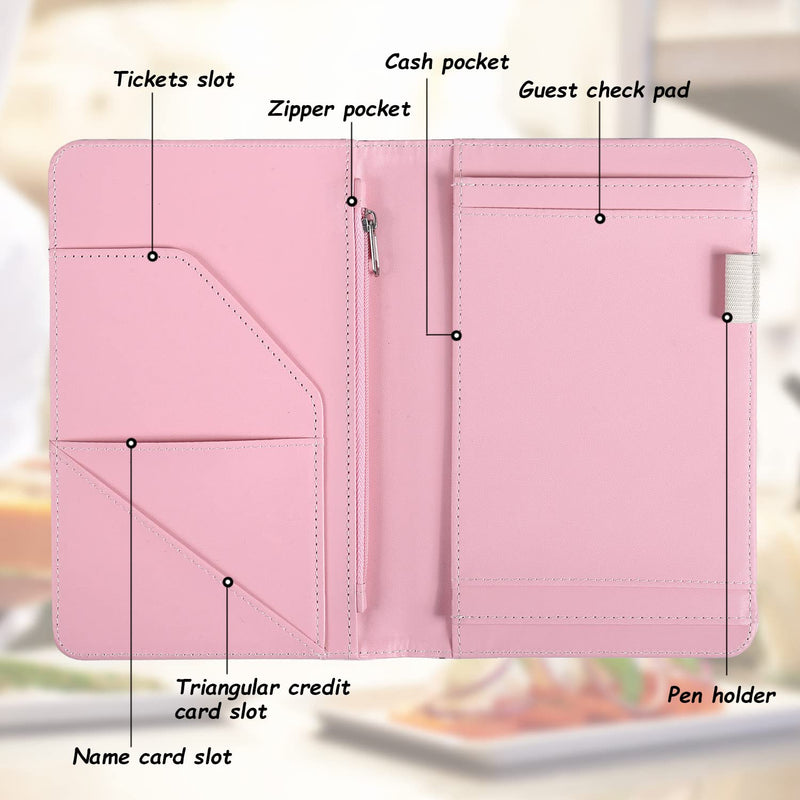 Server Book, Waitress Book, Server Books for Waitress/Waiter with Zipper Pocket Waitress Book Organizer Checkbook Cute Cat Cover 8x5 Inch Pink Cat