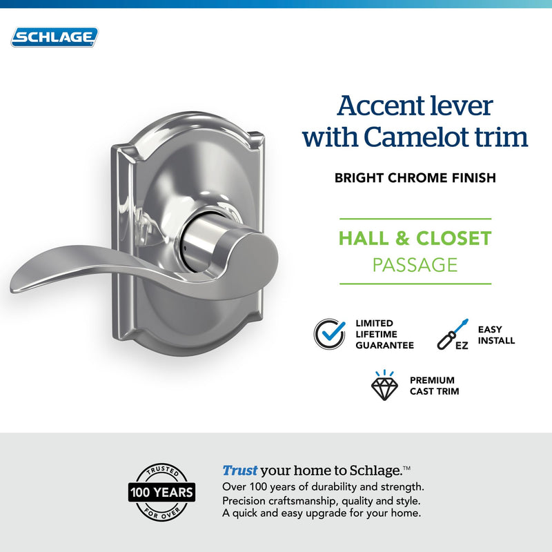 SCHLAGE Trim with SCHLAGE Hall and Closet Lever, Bright Chrome (F10 ACC 625 CAM)