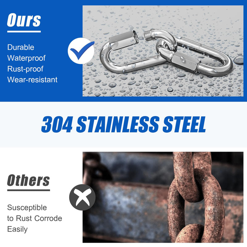 KINLINK 10PCS M5 3/16 Quick Link Chain Connector, 304 Stainless Steel Carabiner, Small Locking Carabiner Clips Heavy Duty Chain Link Connector for Connecting Hammock，Swing, Shade Sail-Capacity 650LB M5-1.97IN Silver-10PC