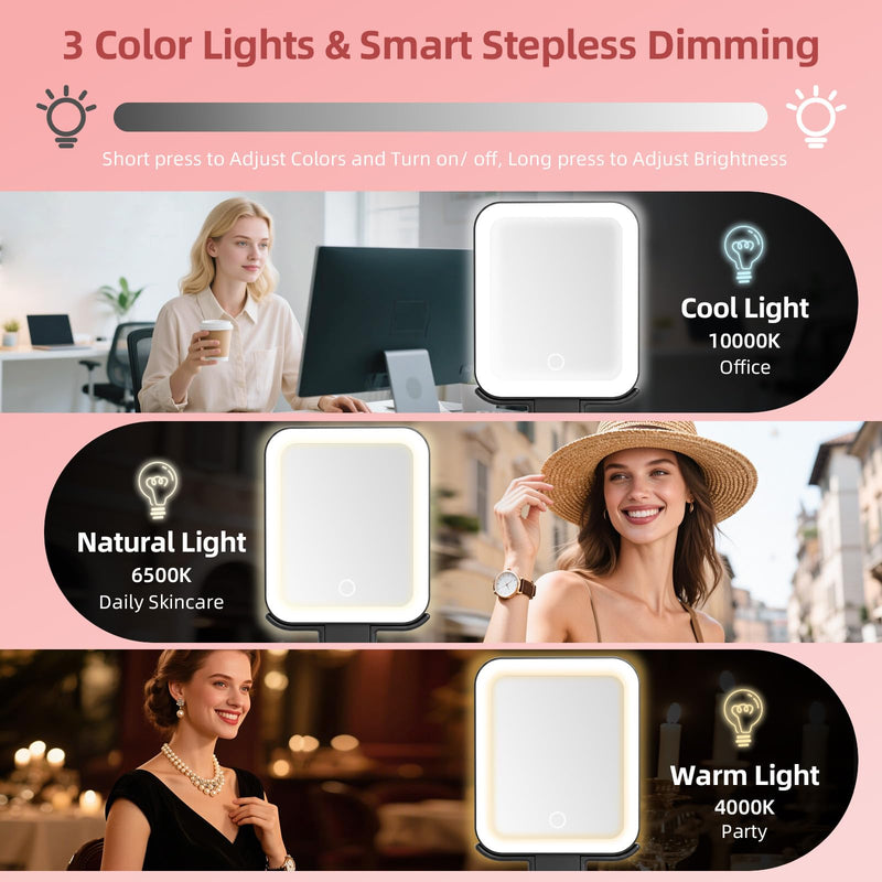 Travel Makeup Mirror with Lights, 1500mAh Rechargeable, Double-Sided 10X/1X Magnification, 3 Color Lighting, Smart Touch Dimming, Precision Tweezers, Lighted Mirror for Desk, Trip, Home, Office, Black