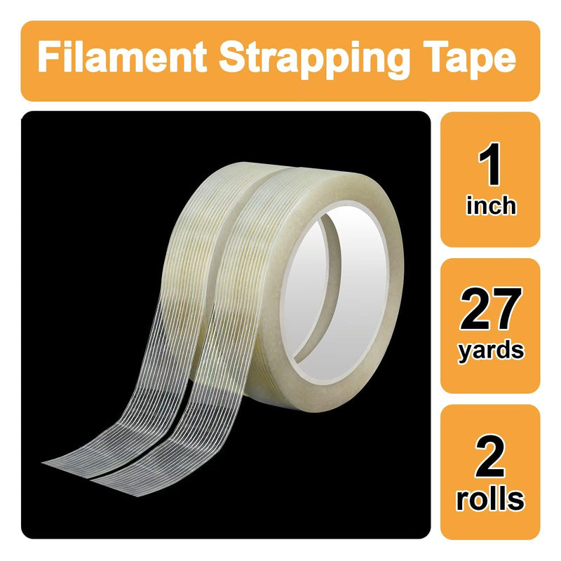 Filament Strapping Tape 2 Roll 1 Inch x 27 Yards 5.5 Mil Heavy Duty Reinforced Packing Tape Transparent Reinforced Adhesive Fiberglass Tape for Packing Sealing Binding 2PACK: 1 in X 27 yds