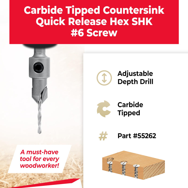 Amana Tool Carbide Tipped 82 Degree Countersink Drill Bit, 55262, 3/8 D x 49 Deg x 1/4 Quick Release Hex Shank for Wood Screw 6