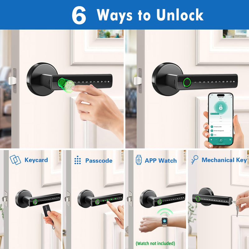 Fingerprint Door Lock,Biometric Smart Door Knob with Keypad Code,6 in 1Keyless Entry Door Handle,App Control,Generate Passcode Remotely,for Bedrooms Office Home Hotel Apartment