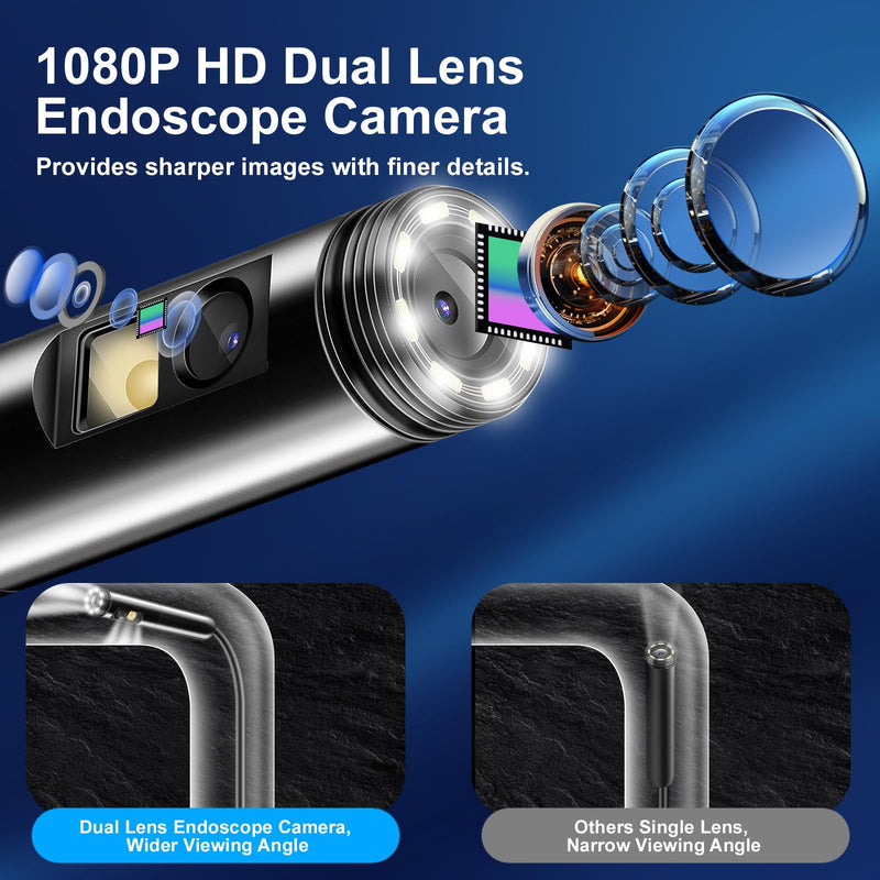 Dual Lens Endoscope Inspection Camera by AURTEC, Dual HD Lens, IP68 Waterproof, 16.5FT/5M Semi-Rigid Cable, Borescope Camera with LED Lights, Compatible with Android and iOS Devices