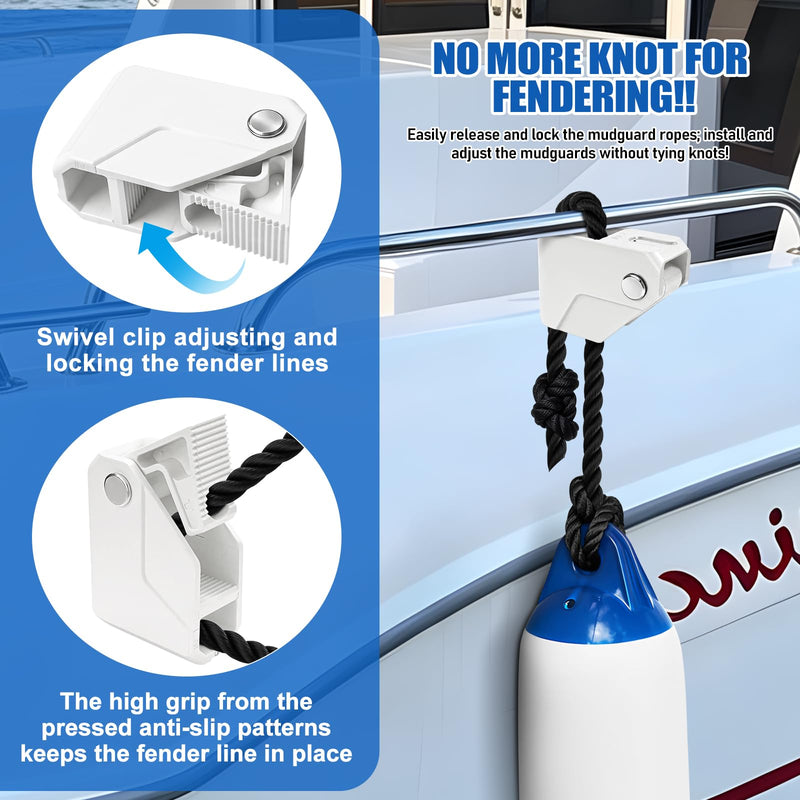 Boat Fender Clips - Adjustable Quick Release Rail Cleats for Easy Boat Docking - Bumper Holder Hanger for Pontoon, Bass, & Jon Boats 2Pcs White