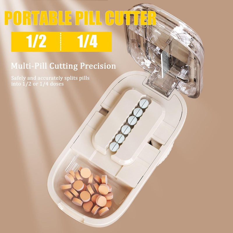 Pill Cutter for Cutting Multiple, 1/2 1/4 Pill Splitter for Large, Small and Tiny Pills, Portable Pills Cutter,Storage Organizer, Accurate Centering Alignment Device (White) White