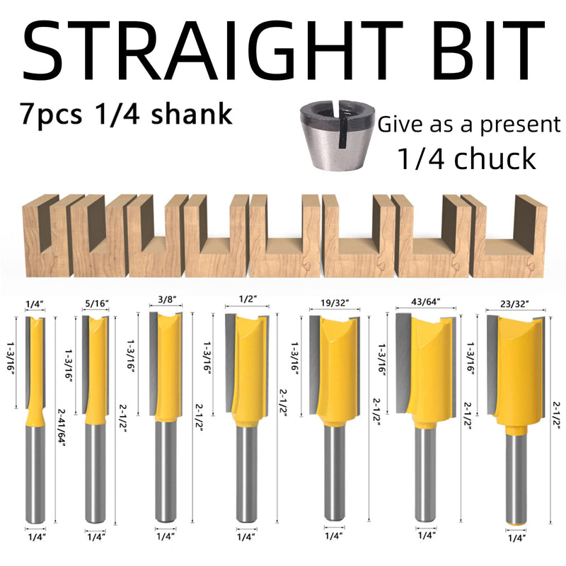 7pcs Straight Router BIT 1/4" Shank Tungsten Carbide Double Straight Dado Router Bit Set, 1/4,5/16,/3/8,1/2,19/32,43/64,23/32 Cutting Diameter Trimming Cutter for Woodworking 7PCS 1/4" Shank Straight Bit