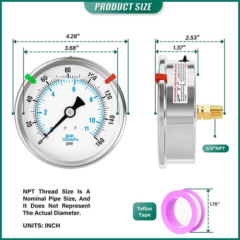 0-160PSI Stainless Steel Liquid Filled Pressure Gauge, 4" Dial Size, 1/4" NPT Back Mount, for Tube, Water Pump, Gas, Liquid, Pressure Test (with Range Mark Pointer) 0-160 psi Back Mount - 4" Dial