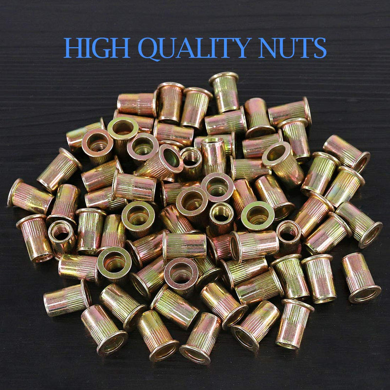 Glarks 100Pcs 5/16"-18UNC Zinc Plated Carbon Steel Rivet Nut Flat Head Rivnut Threaded Insert Nuts Set (5/16"-18UNC)