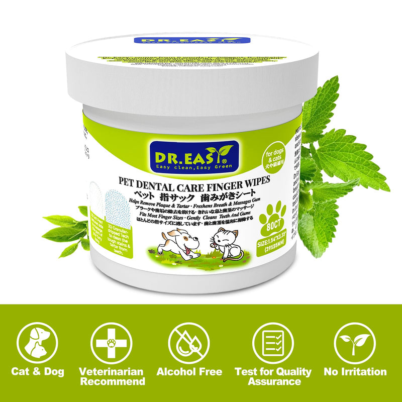 DR.EASY Upgraded Blue Dot Breath Freshener Dental Finger Wipes 80ct for Dog & Cat,Cleaning Pet Teeth Smoothly,Help Wipe Away Plaque&Tartar, No Added Harsh Chemicals No Brush Formula white